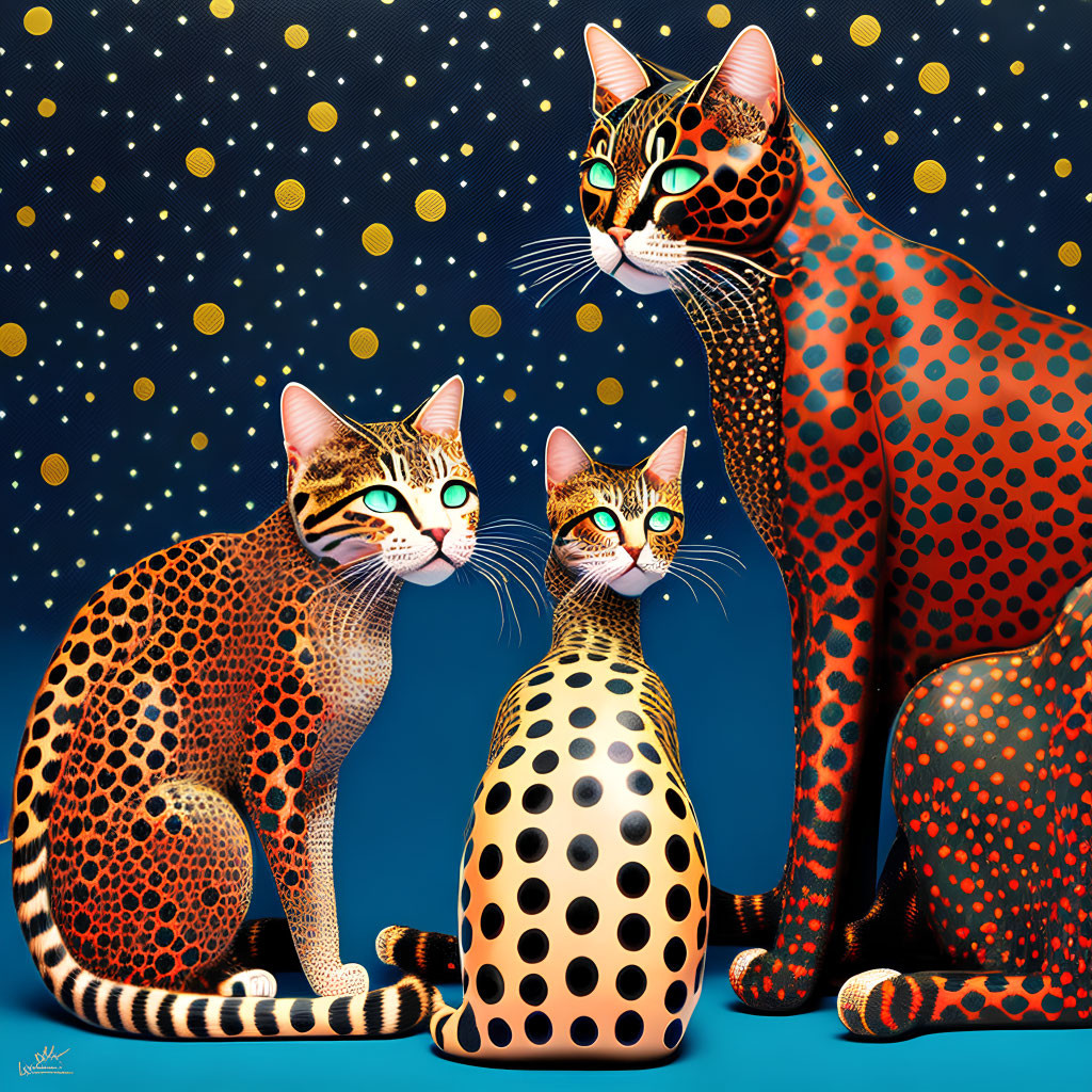 Colorful Stylized Cats with Surreal Designs on Blue Background