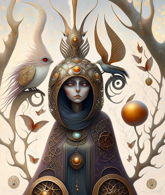 Ethereal figure with ornate headdress in surreal forest scene