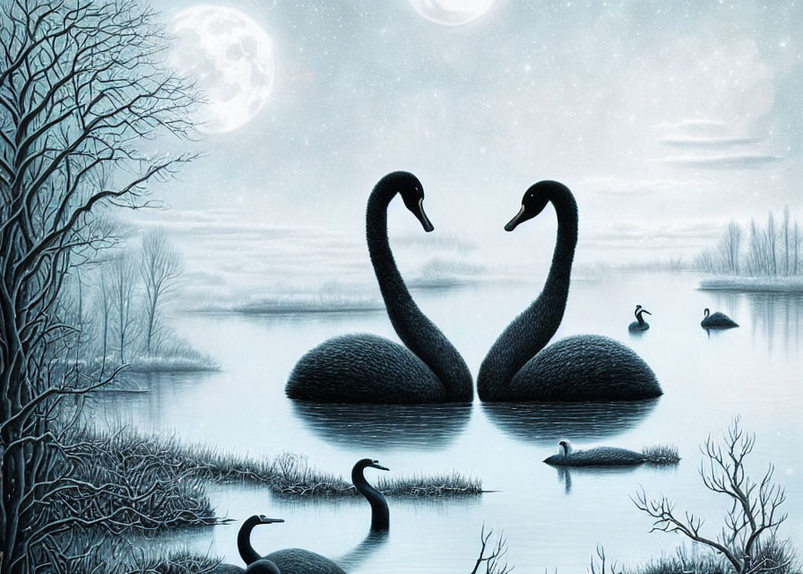 Black swans creating heart shape on moonlit lake with wildlife in winter landscape