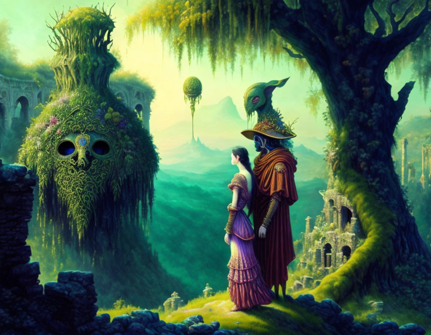 Woman in purple dress with bird-like creature in vibrant fantasy landscape