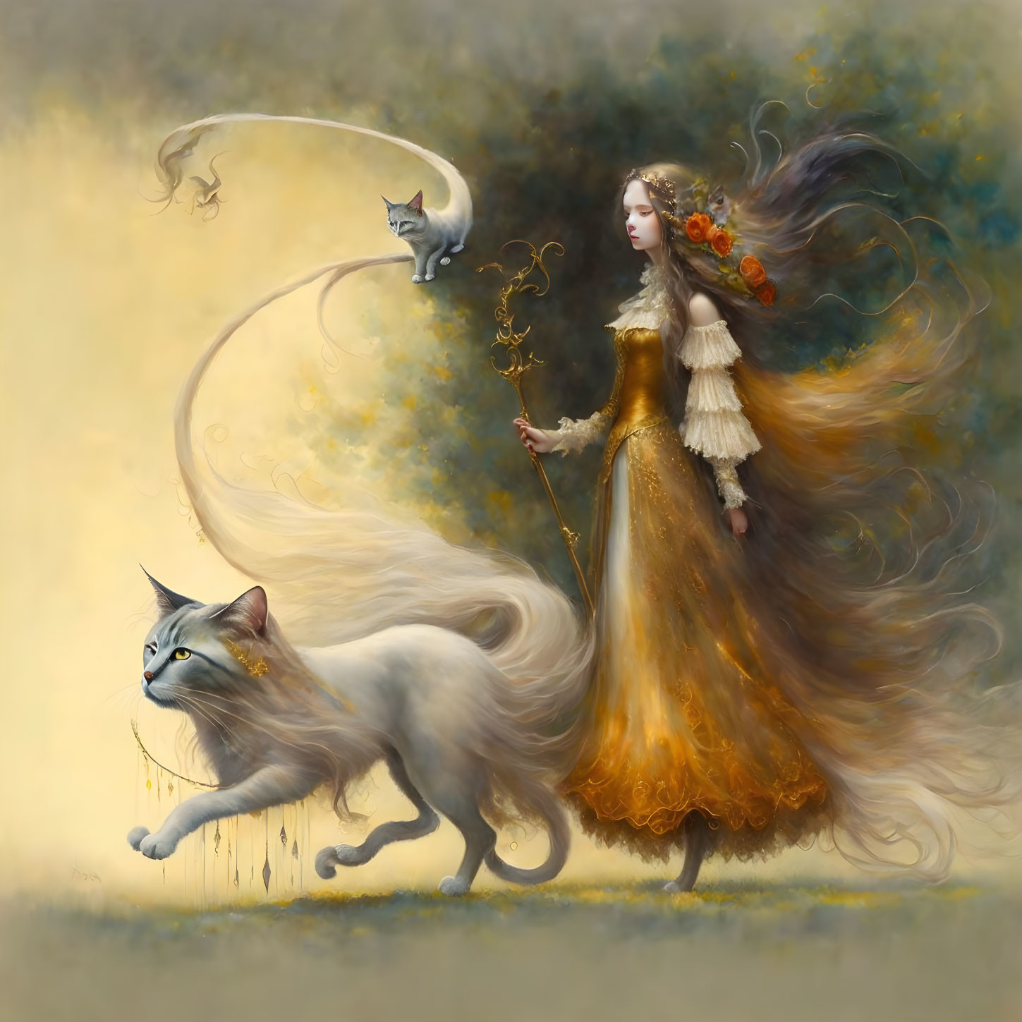 Woman in Golden Dress with Magic Wand and Ethereal Cats in Dreamy Setting