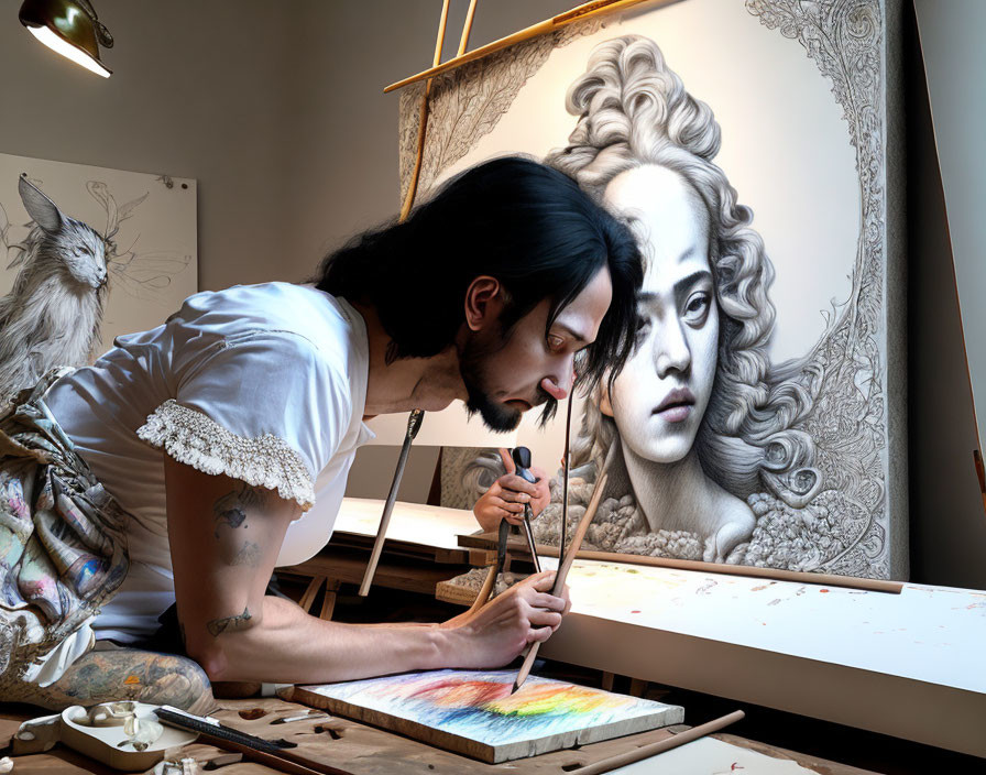 Ponytailed artist painting classical portrait in well-lit studio