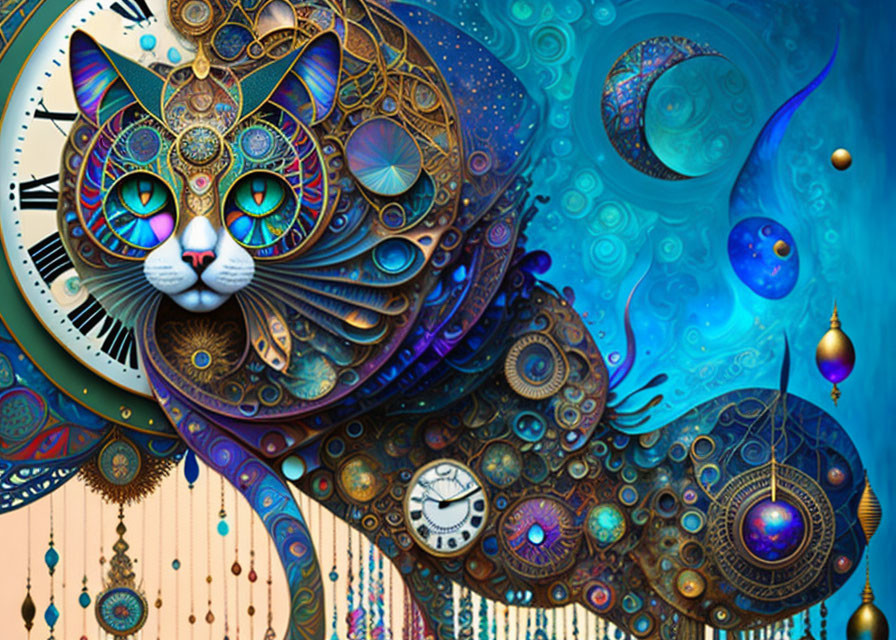 Colorful Stylized Cat Artwork with Cosmic Background