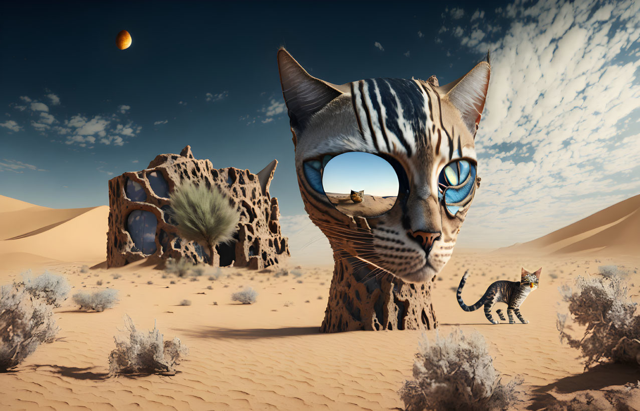 Surreal desert landscape with cat head, eye portal, walking cat, sand dunes, dry