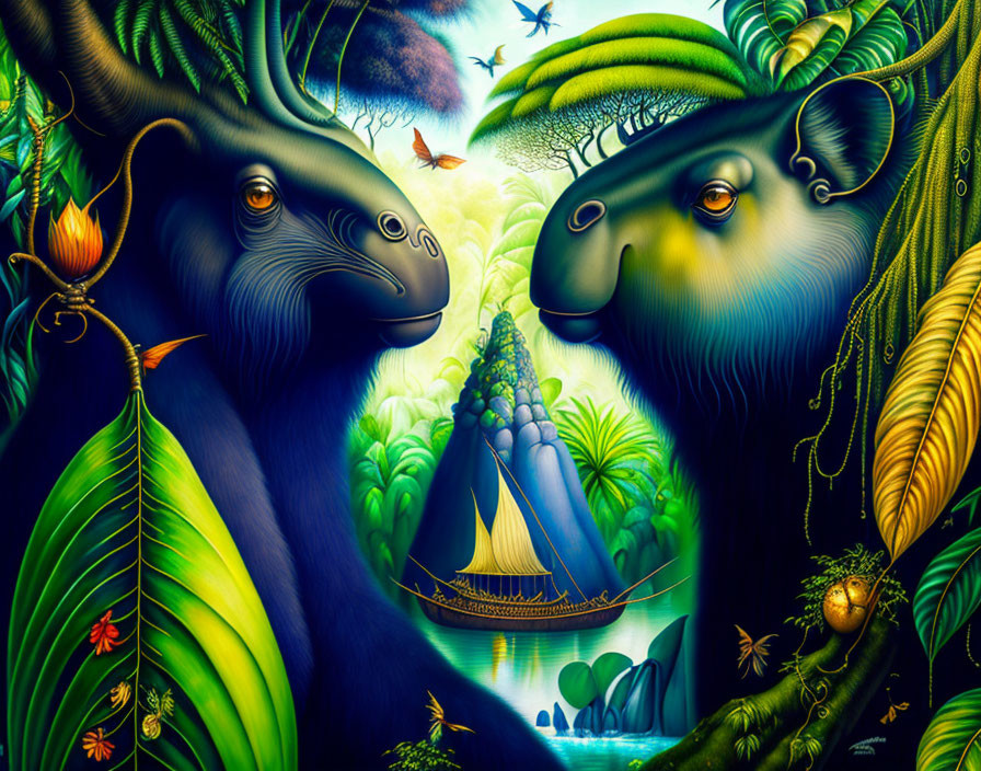 Colorful painting of stylized creatures in lush jungle with boat, flora, and fauna