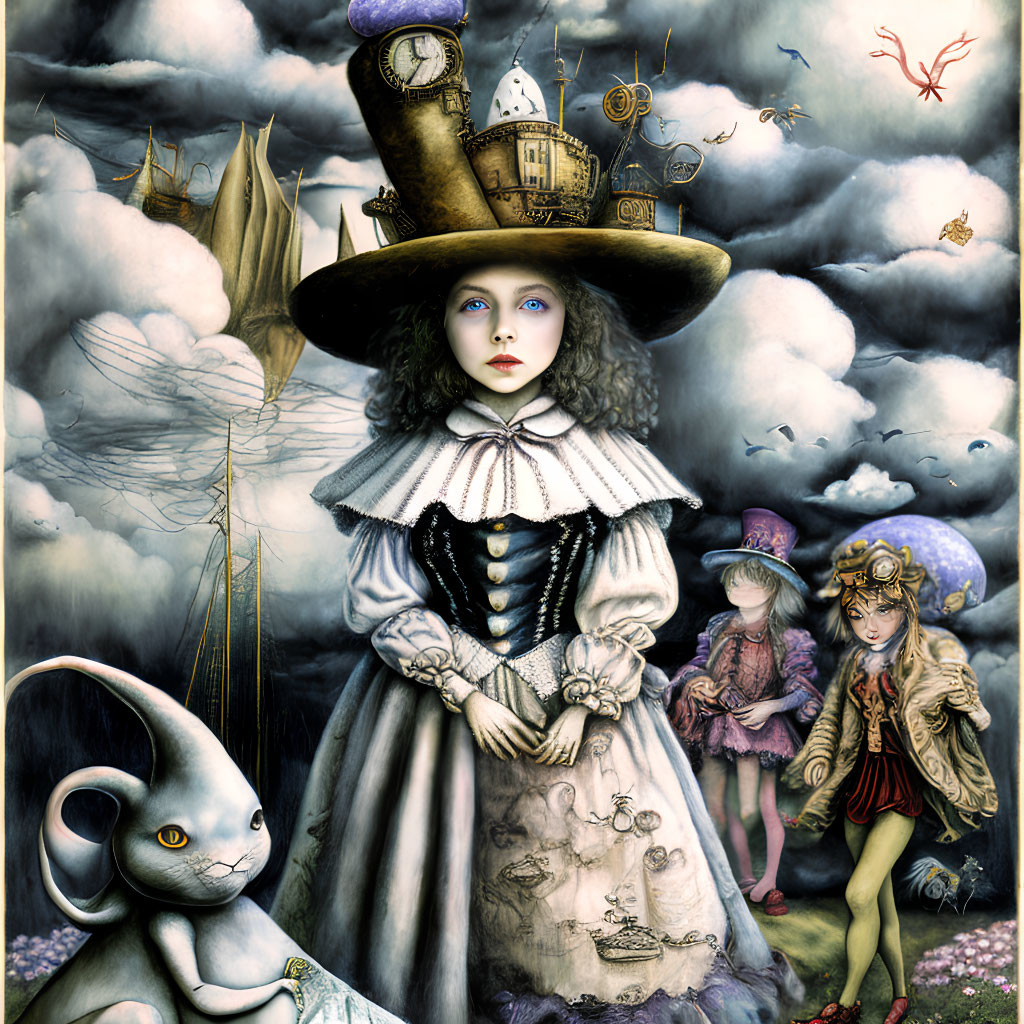 Whimsical artwork of girl with large hat and surreal characters