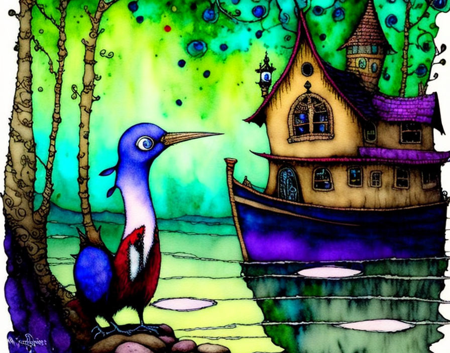 Colorful Illustration of Blue Bird and Ship-like House in Fantastical Landscape