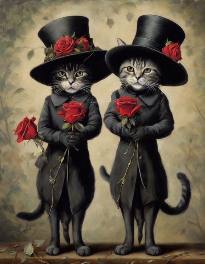 Anthropomorphic Cats in Formal Attire with Top Hats and Red Roses