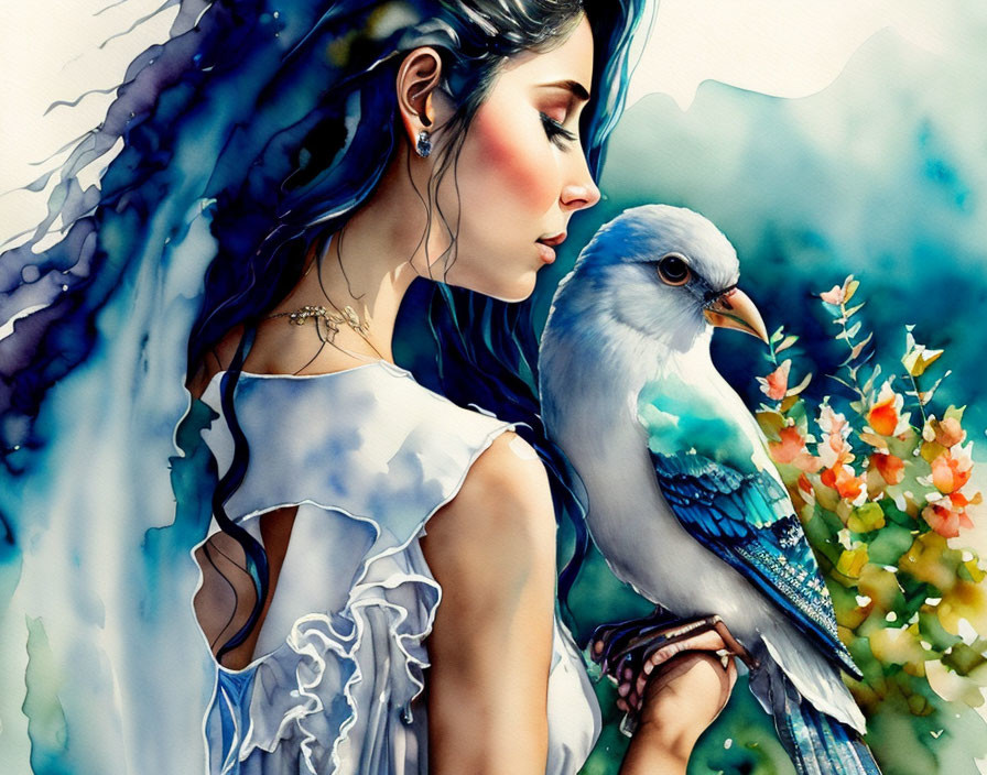 Illustrated woman with long hair in white dress holding bluebird among colorful flowers