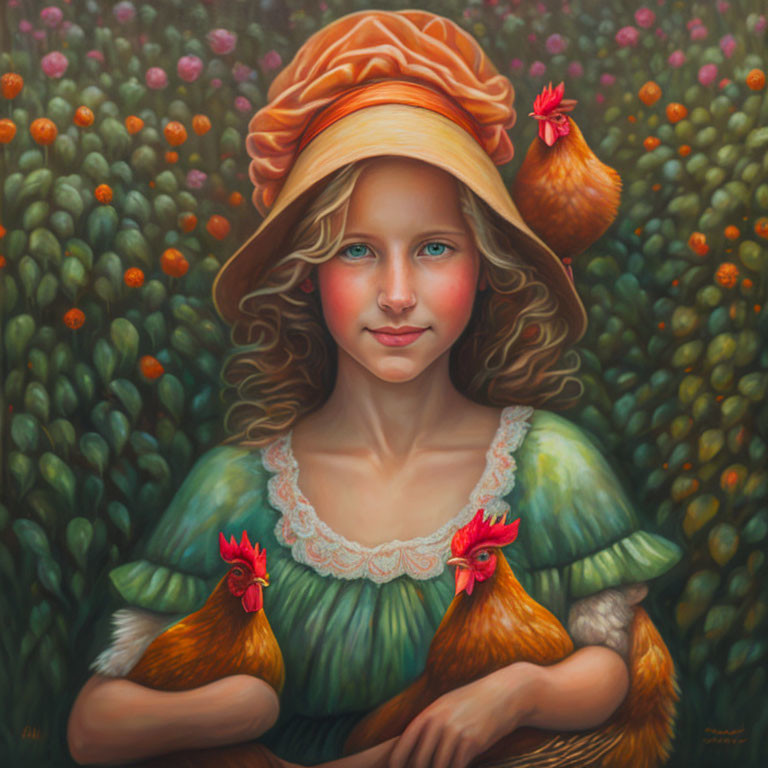 Girl in Orange Hat and Green Dress Holding Chickens in Greenery and Pink Flowers