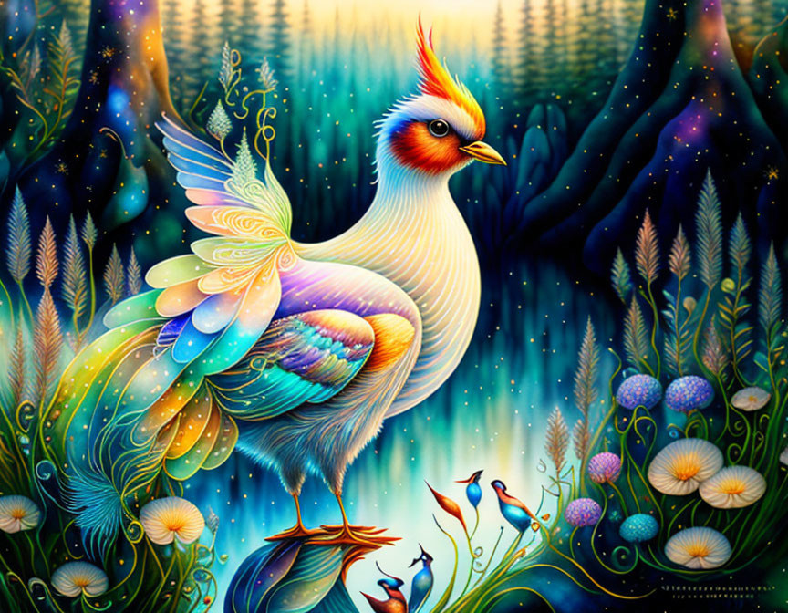 Colorful Bird Illustration Surrounded by Starlit Flora