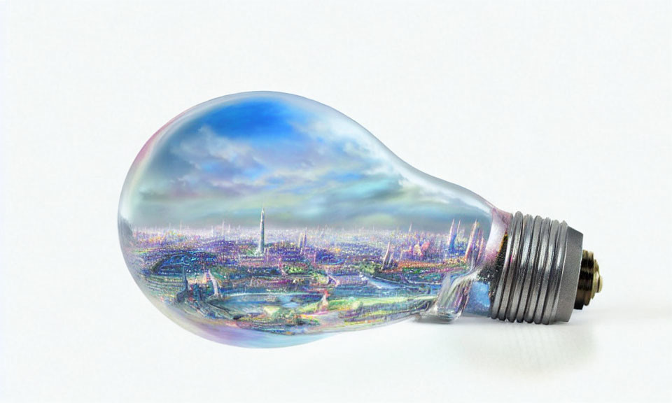 Vibrant futuristic cityscape in clear lightbulb on white background