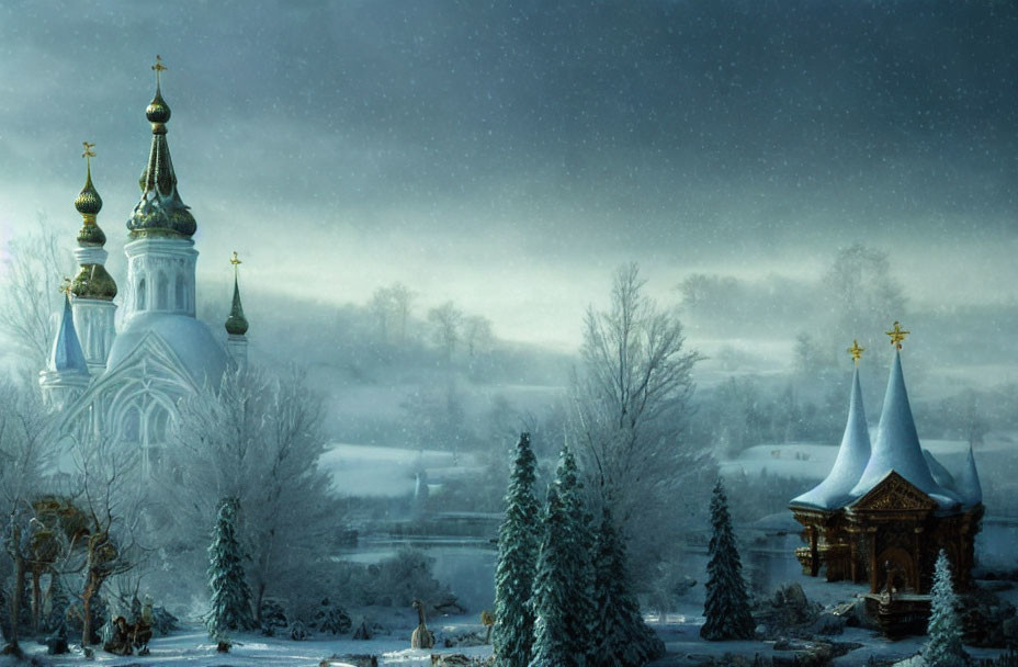 Snow-covered church with golden domes in serene winter landscape