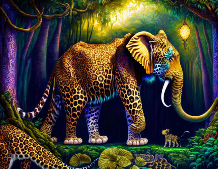 Colorful surreal elephant with leopard-like patterns in enchanted forest