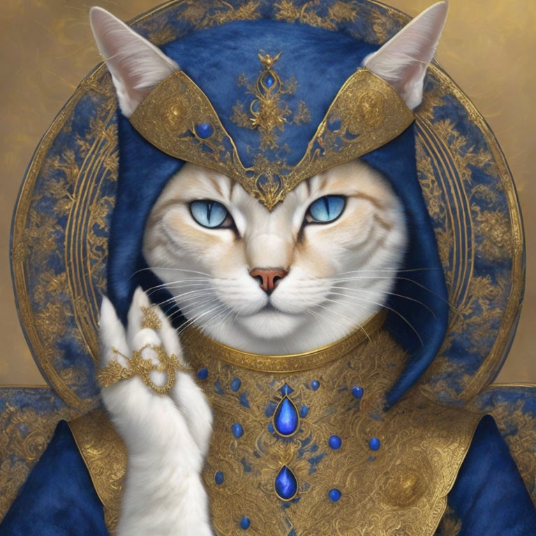 Blue-eyed cat in regal attire and crown poses elegantly.