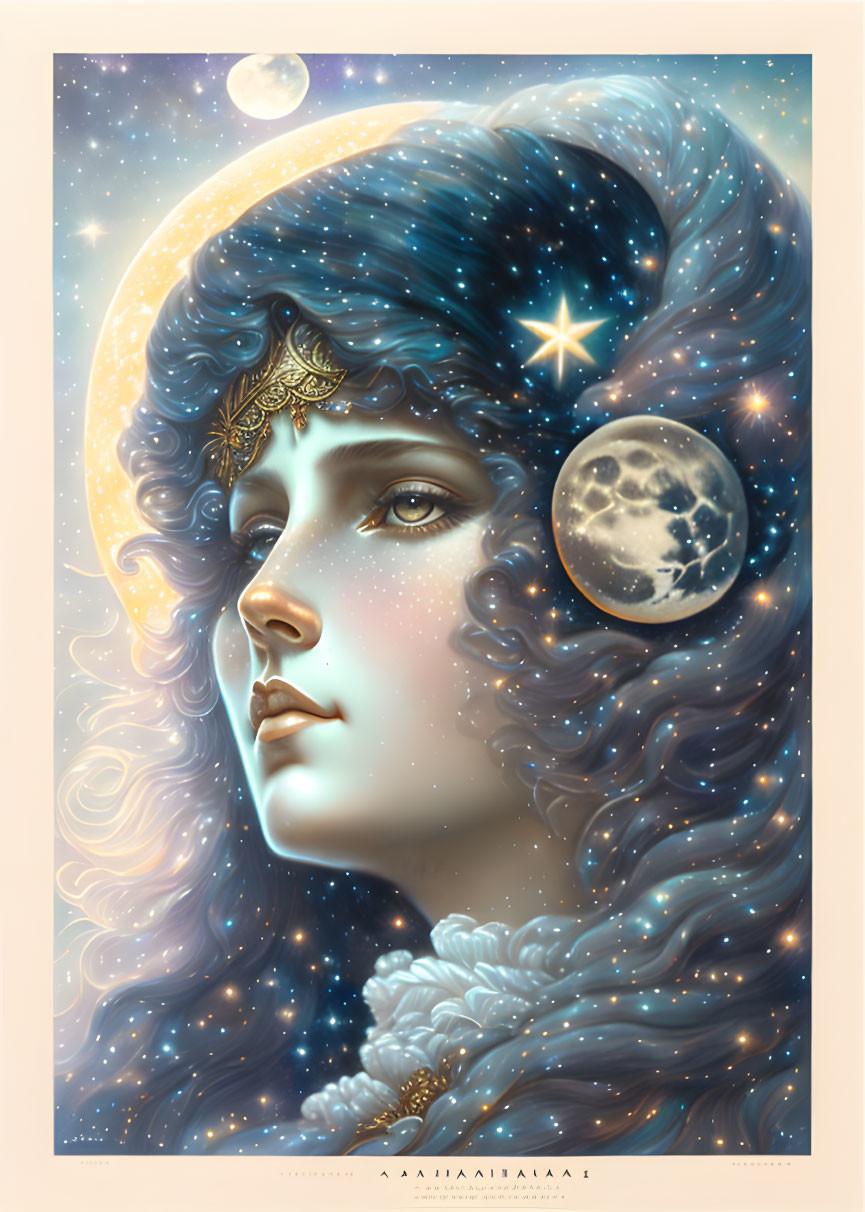 Stylized portrait of a woman with celestial features and blue starry hair.