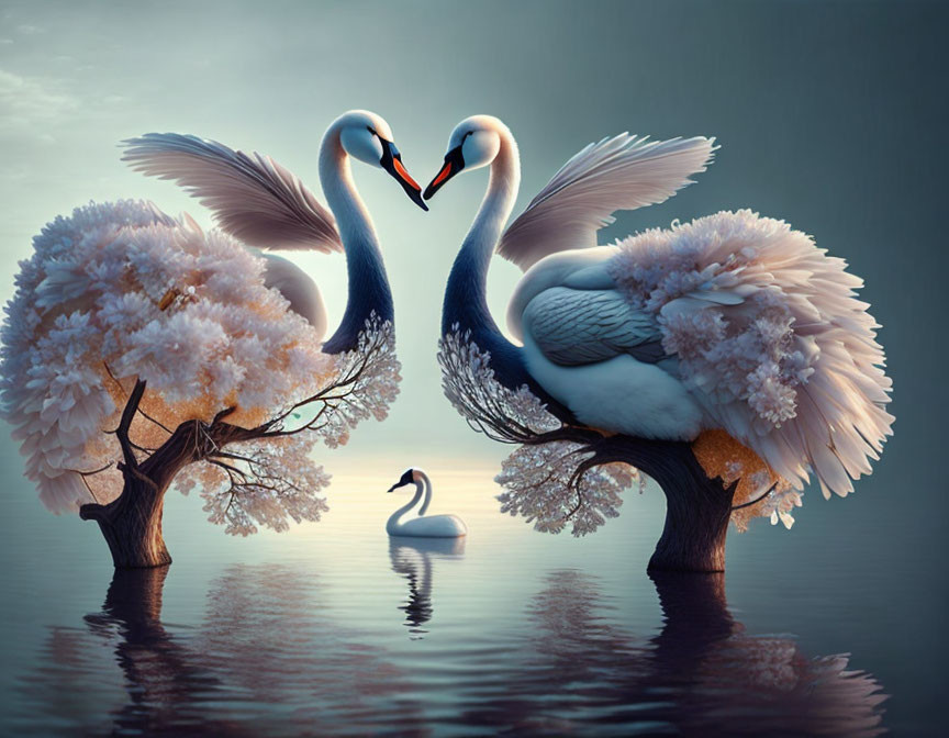 Swans creating heart shape with trees on their backs, third swan in background