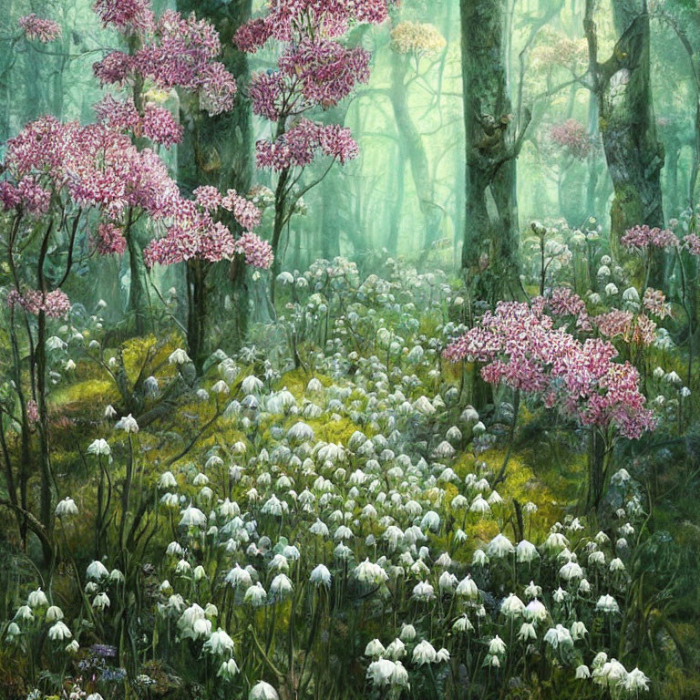 Enchanting forest scene with white and pink flowers under soft light