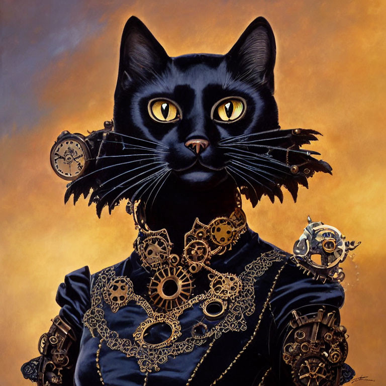 Anthropomorphic black cat in Victorian-style outfit with steampunk accessories