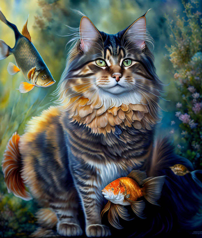 Realistic painting of long-haired tabby cat with fish in focus