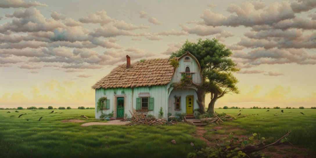 Green Cottage with Yellow Door & Red Roof in Meadow at Dusk