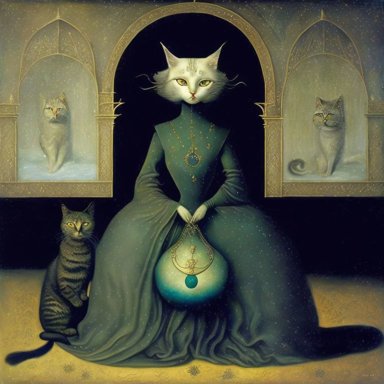 Surreal painting of humanoid figure with cat head in medieval dress holding sphere