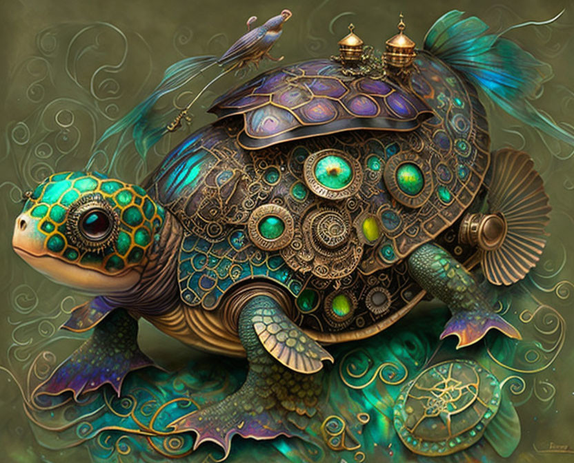 Intricately designed steampunk turtle with bird on whimsical background