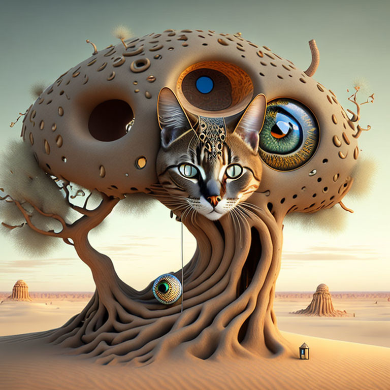 Surreal illustration: tree merges with cat's head, multiple eyes, desert backdrop