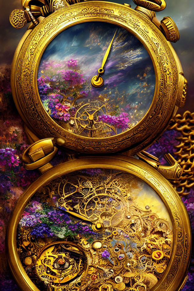 Detailed Landscape and Clockwork Gears in Open Pocket Watch