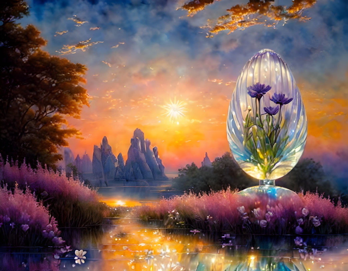 Vibrant purple flora and crystalline flowers in fantastical landscape