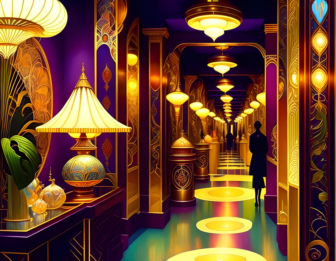 Luxurious Art Deco Hallway with Golden Patterns and Purple Walls