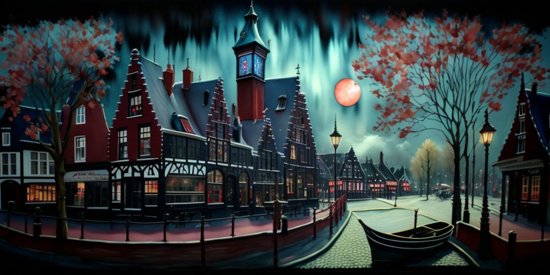 Panoramic Night View of European Village Street