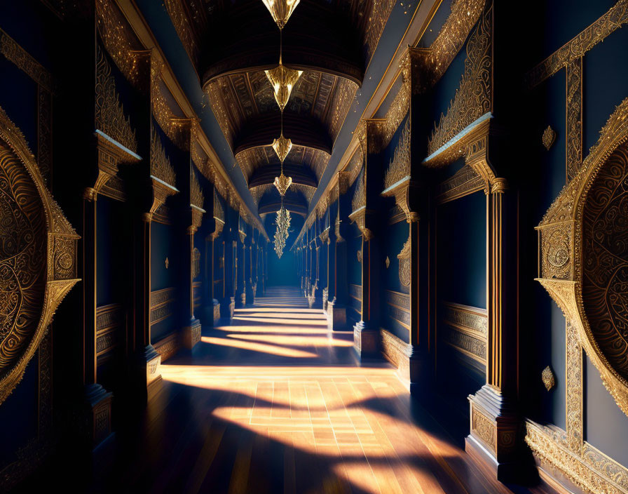 Luxurious Hallway with Golden Patterns and Hanging Lanterns