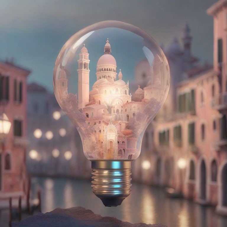 Miniature cityscape inside glowing lightbulb against dusky sky.