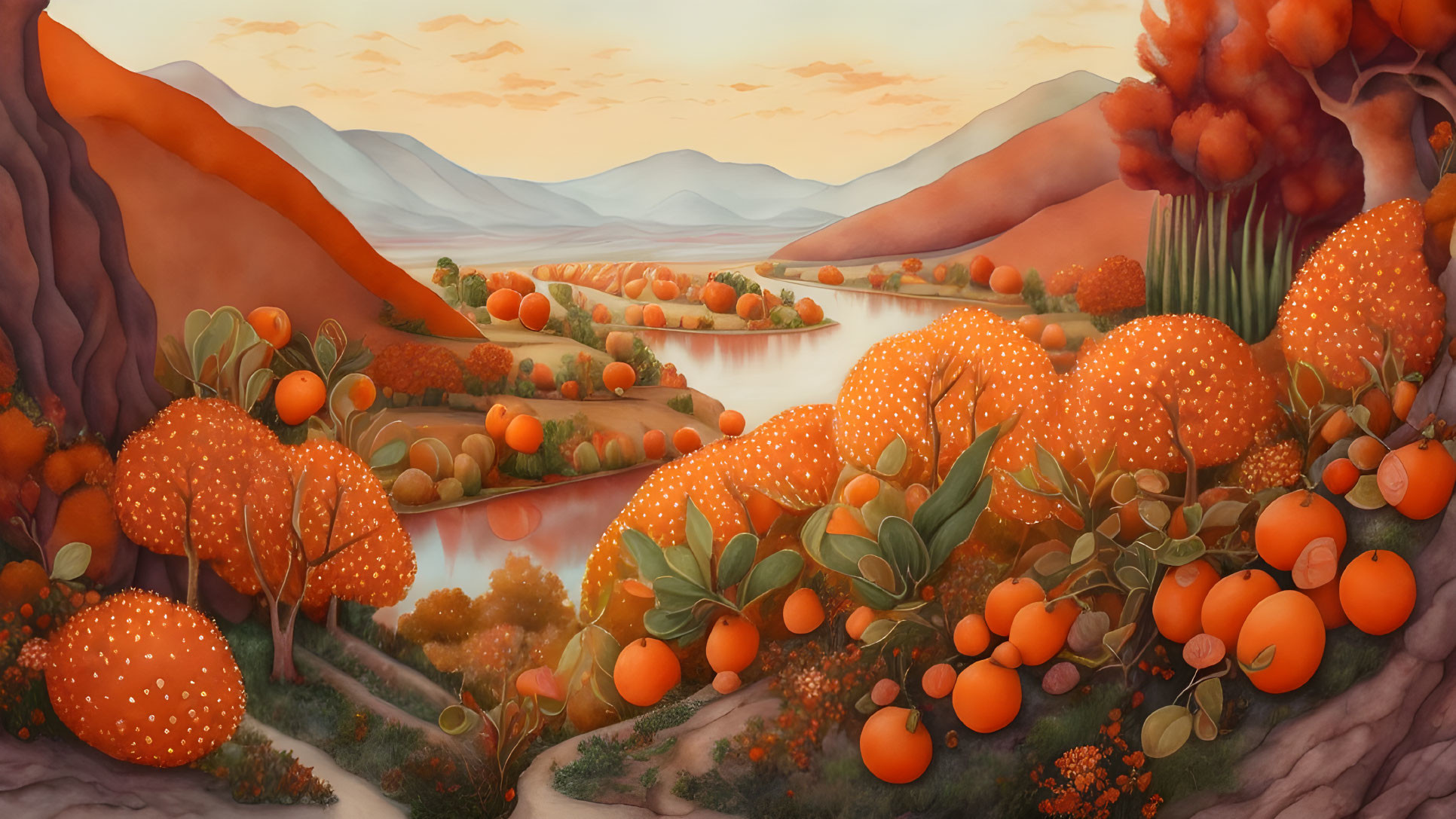 Autumnal landscape with orange trees, river, hills & warm colors