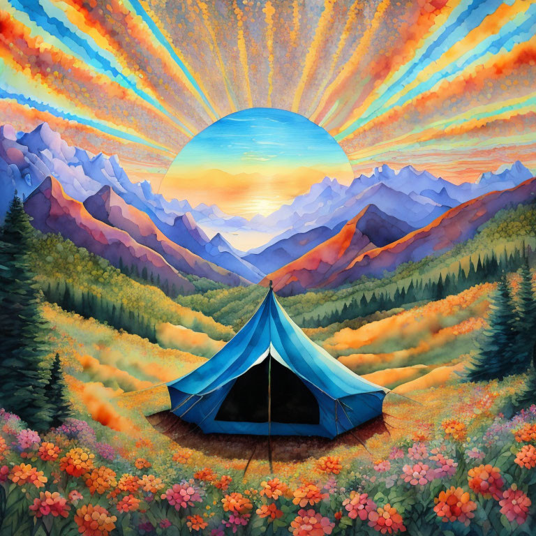 Colorful painting: Blue tent in flower meadow with mountain backdrop at sunset