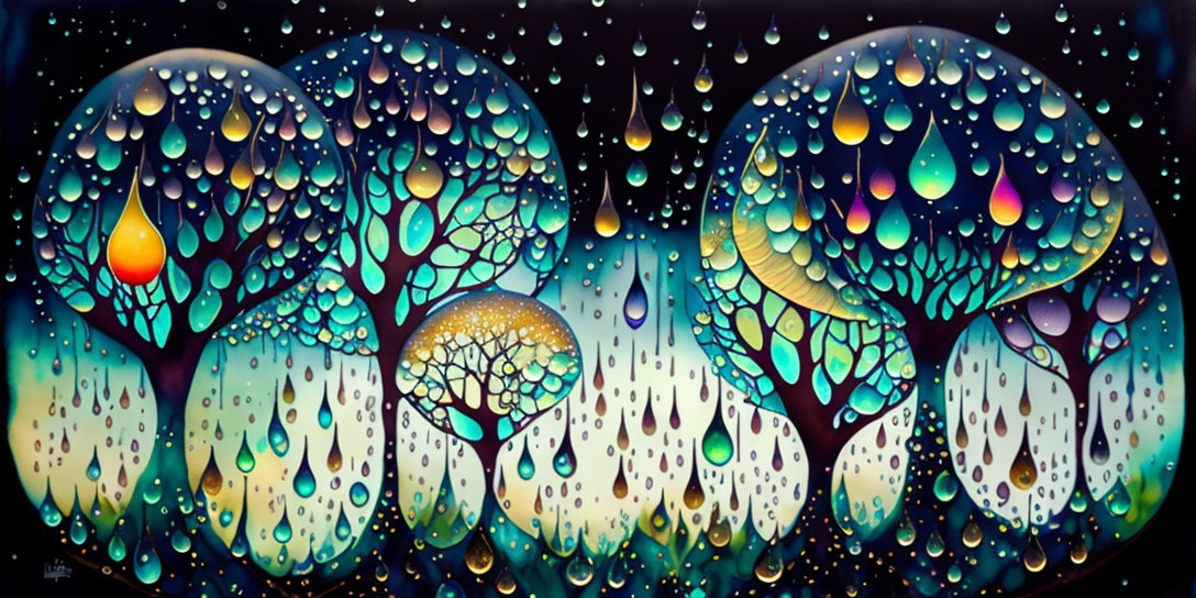 Colorful Abstract Painting of Stylized Trees with Vibrant Leaves on Starry Night Sky