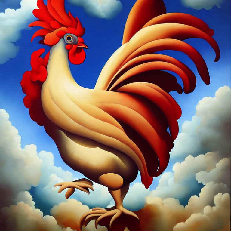 Colorful Rooster Illustration on Blue Sky Background