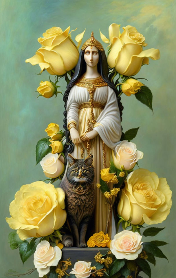 Regal woman in crown with yellow roses and grey cat.