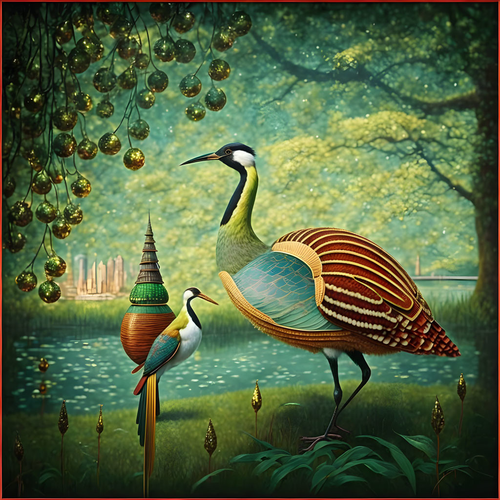 Stylized ornate birds in lush fantastical garden with hanging baubles