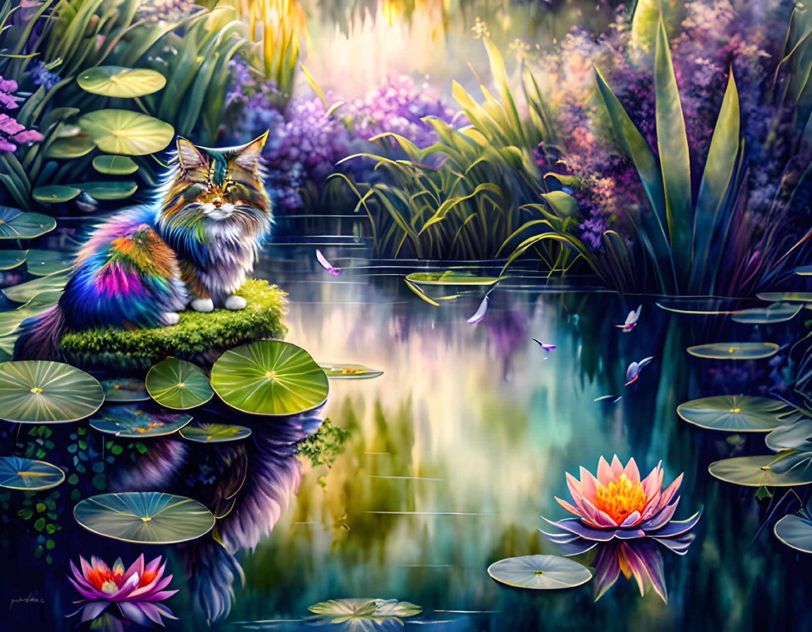 Colorful cat on mossy rock by pond with lilies and dragonflies in lush garden