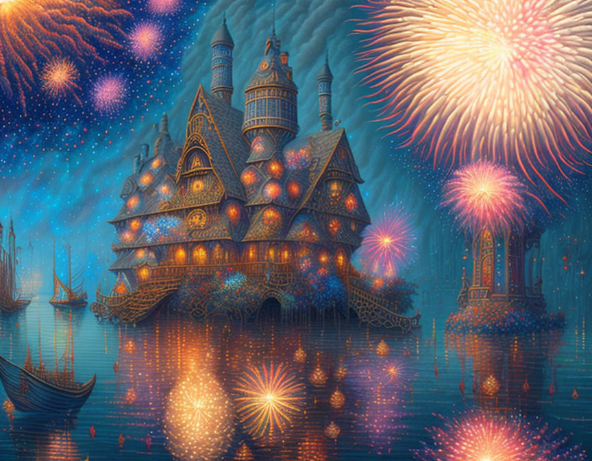 Fantasy castle reflected in water with fireworks and boats at night