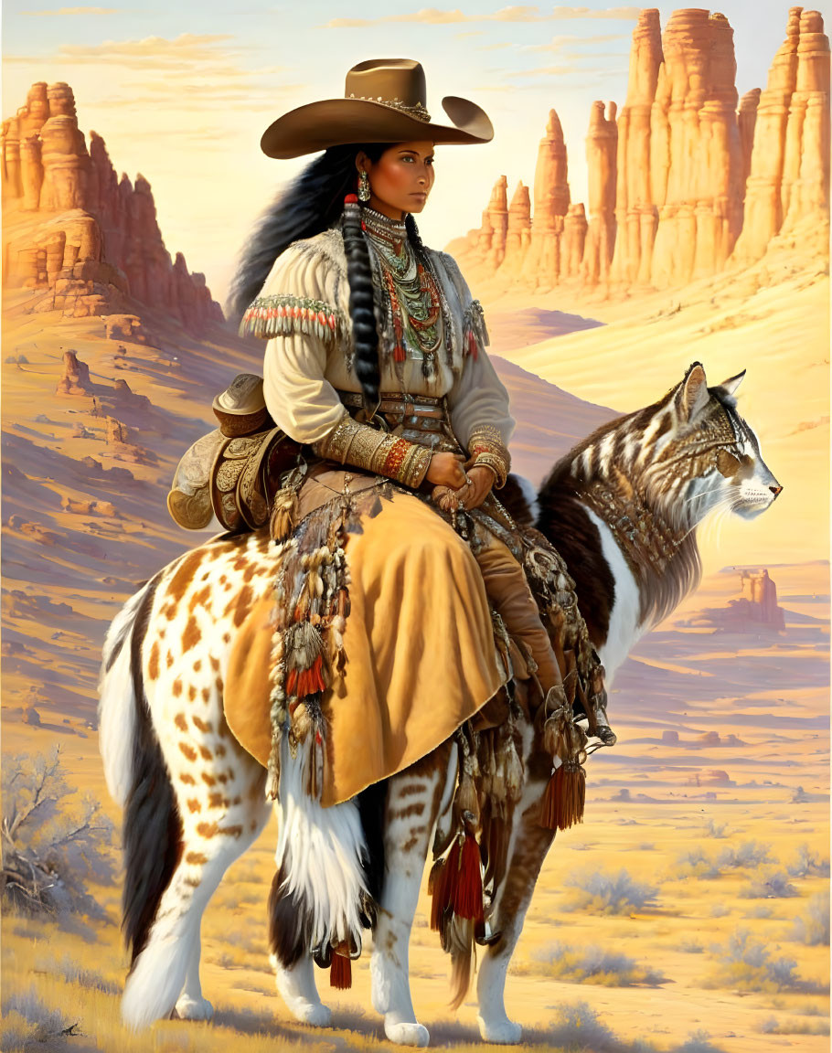 Native American woman on spotted horse with wolf in desert landscape