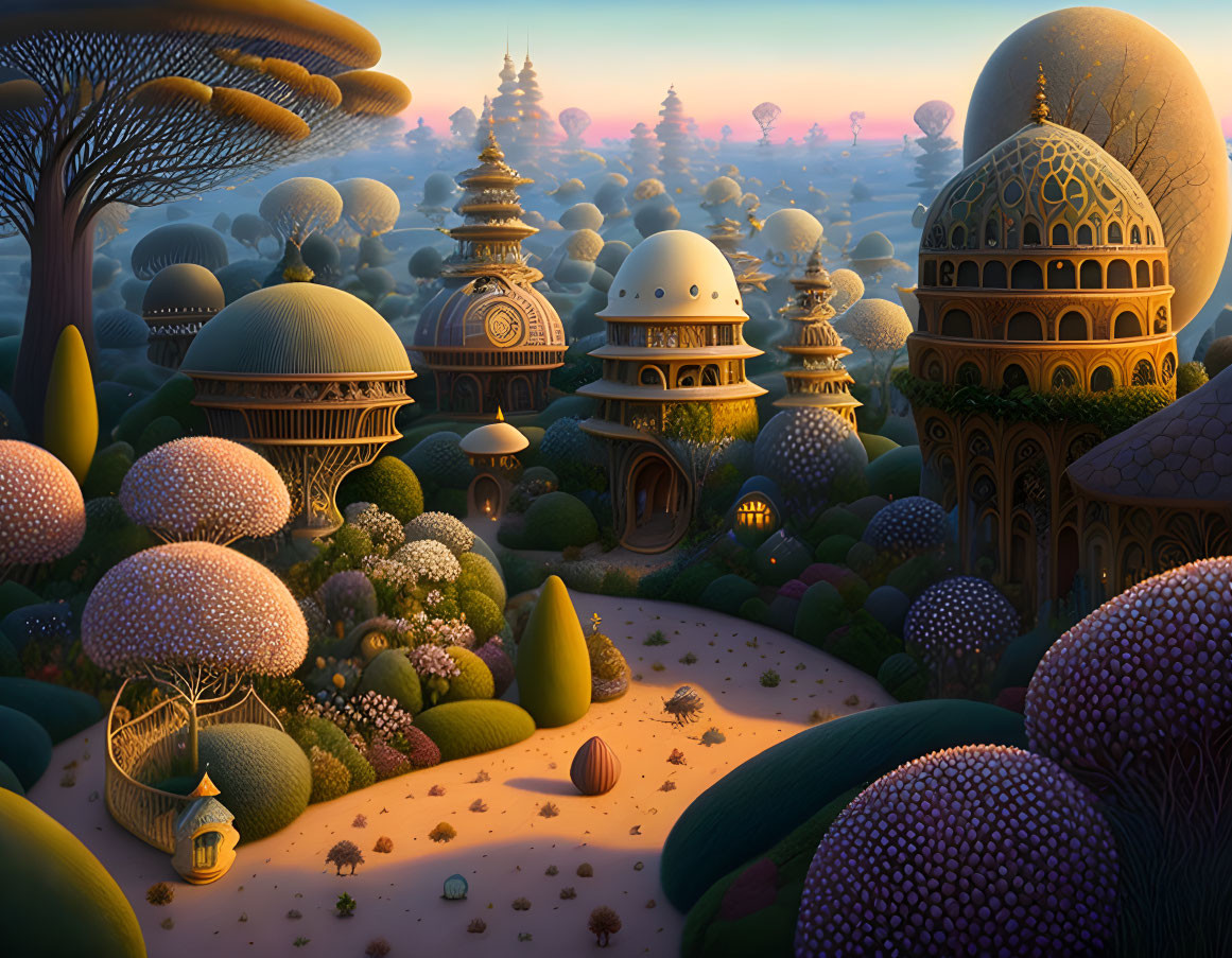 Whimsical fantasy landscape with domed buildings and rounded trees at dusk