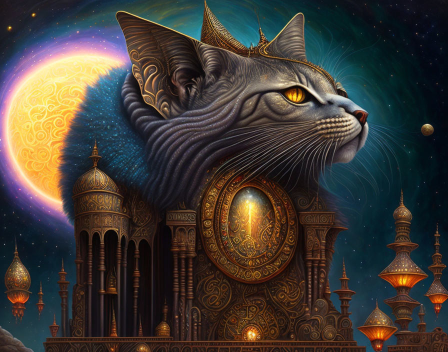 Majestic cosmic cat with mystical clock in Arabian palace setting