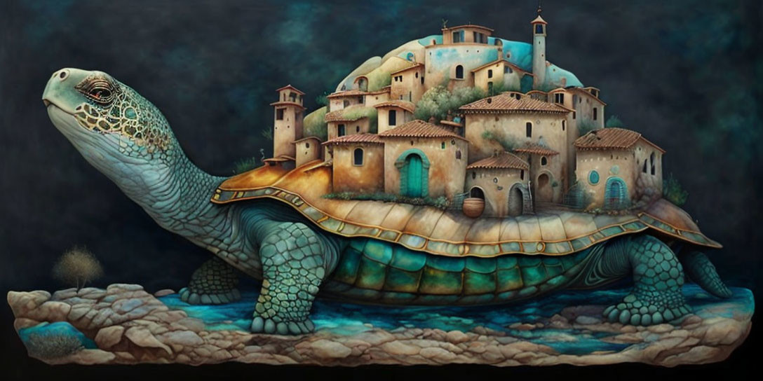 Giant turtle carries Mediterranean village on shell in dark setting