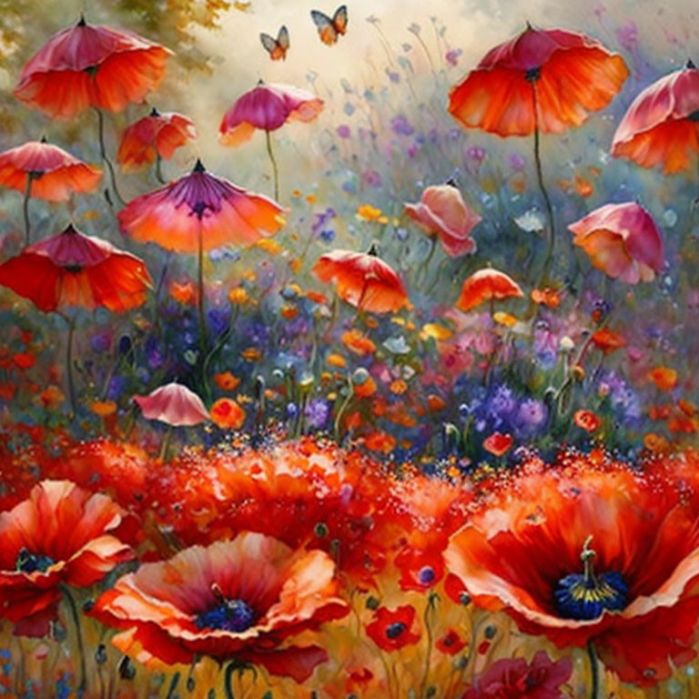 Colorful painting of red and pink poppies with butterflies in a soft-focus setting