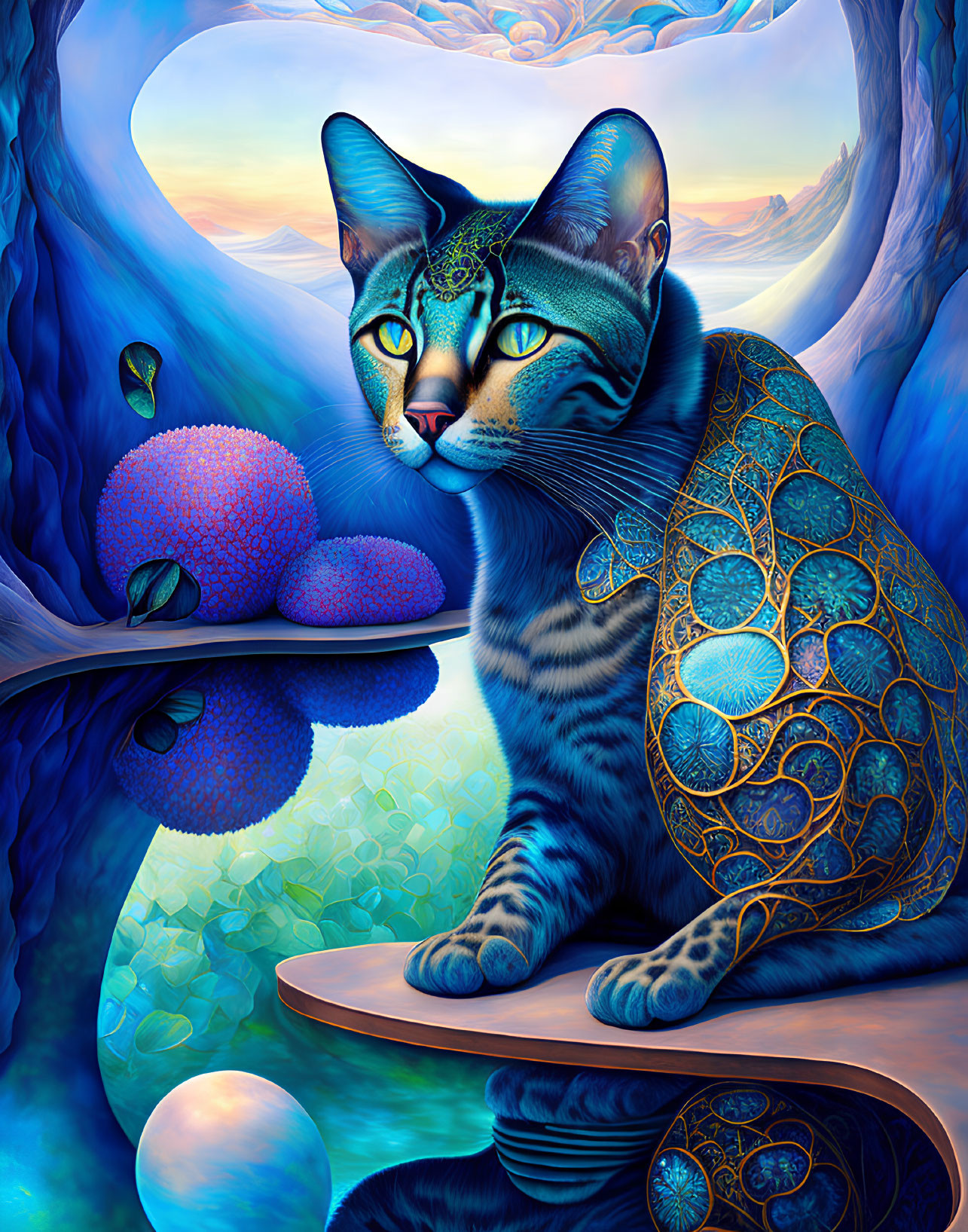 Colorful digital artwork: Cat with intricate blue patterns in surreal landscape