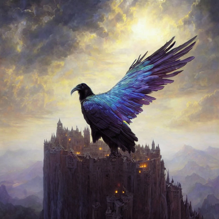 Majestic raven with vibrant blue feathers perched near illuminated castle