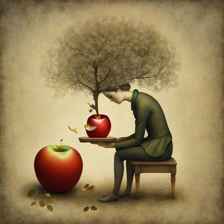 Person with Tree Head Contemplating Apple and Butterfly in Surreal Illustration